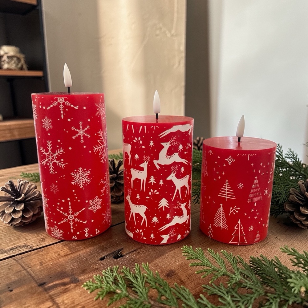Red Holiday Pillar Candle Set - Festive Snowflake & Deer Print